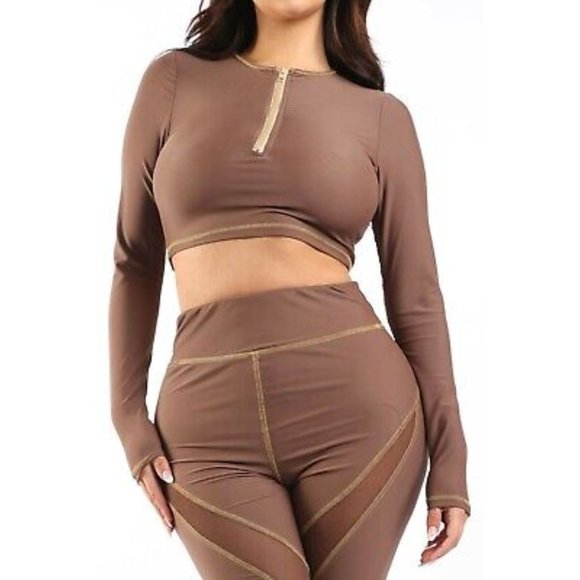 Boutique Pants - Mesh Contrast Long Sleeve Crop Top with Pants Leggings Outfit 2 Piece Set